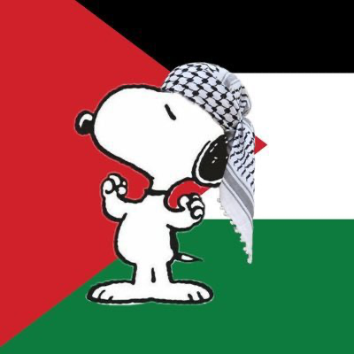 snoopy in a keffiyeh in front of a flag