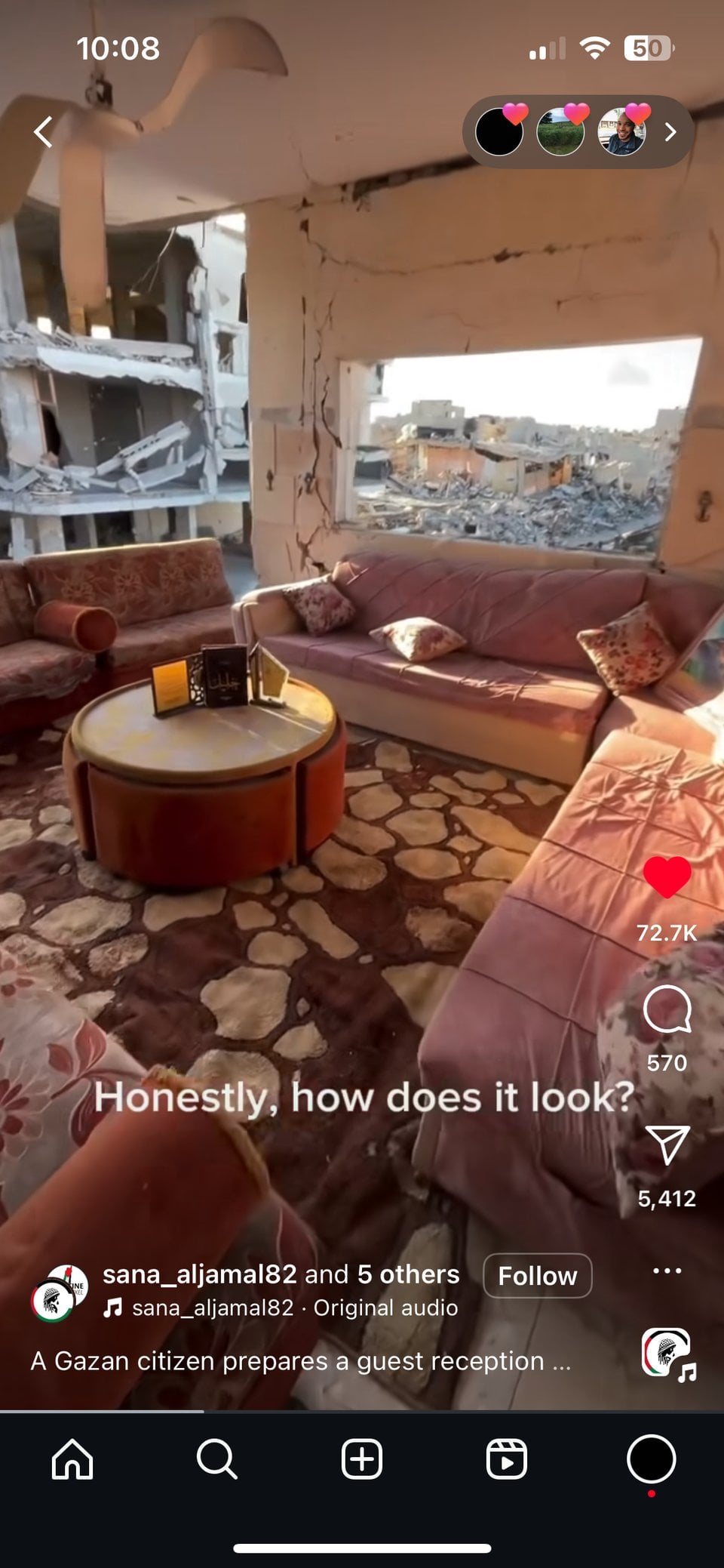 instagram story of a destroyed apartment living room looking out a window onto rubble