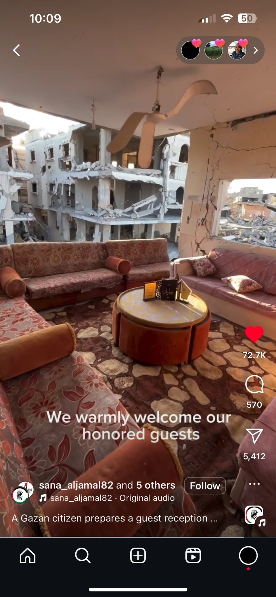 instagram story of a living room in rubble looking out over a couch at rubble