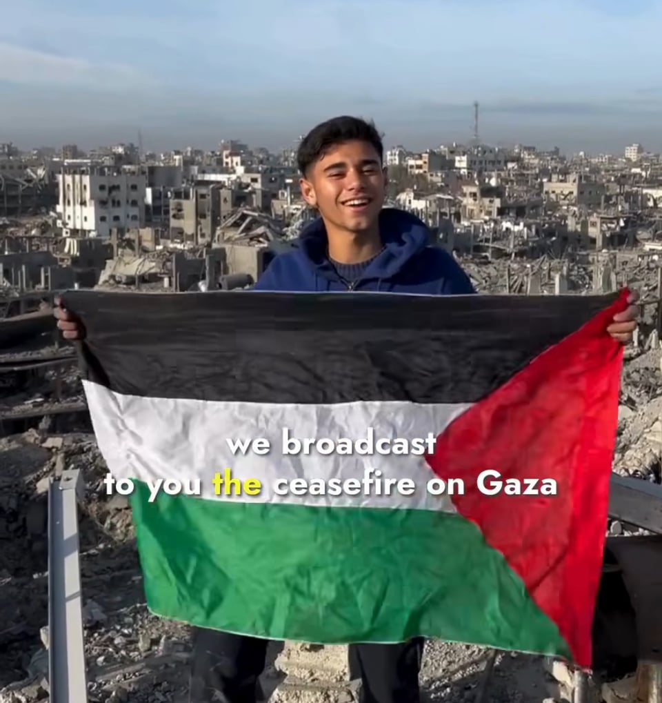 image of a boy standing above rubble holding a palestinian flag with the text we broadcast to you the ceasefire on gaza